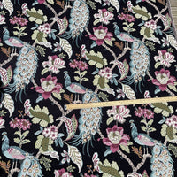 Thumbnail for Decorative fabric with peacock and floral pattern on a black background, measured with a ruler.