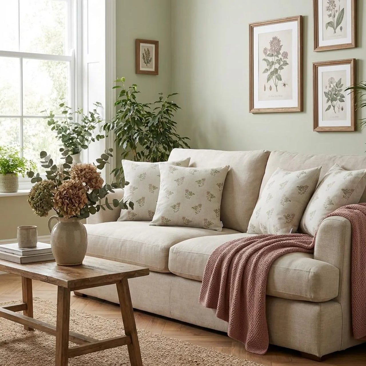 Pink Rose Meadow botanical cushion cover on a neutral sofa with soft blush throw and natural wooden furniture