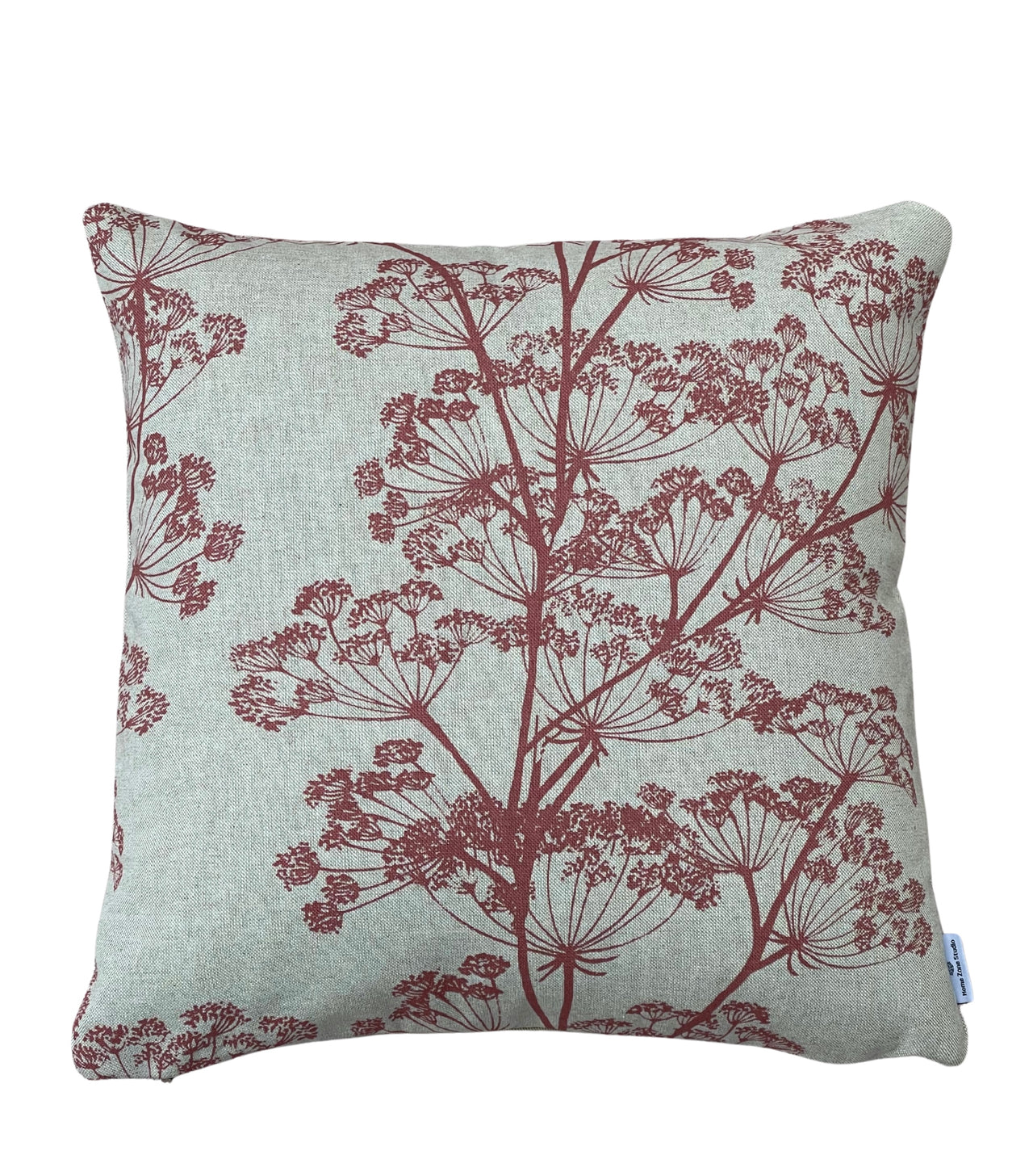 Close-up of the red cow parsley design on textured cotton-linen fabric