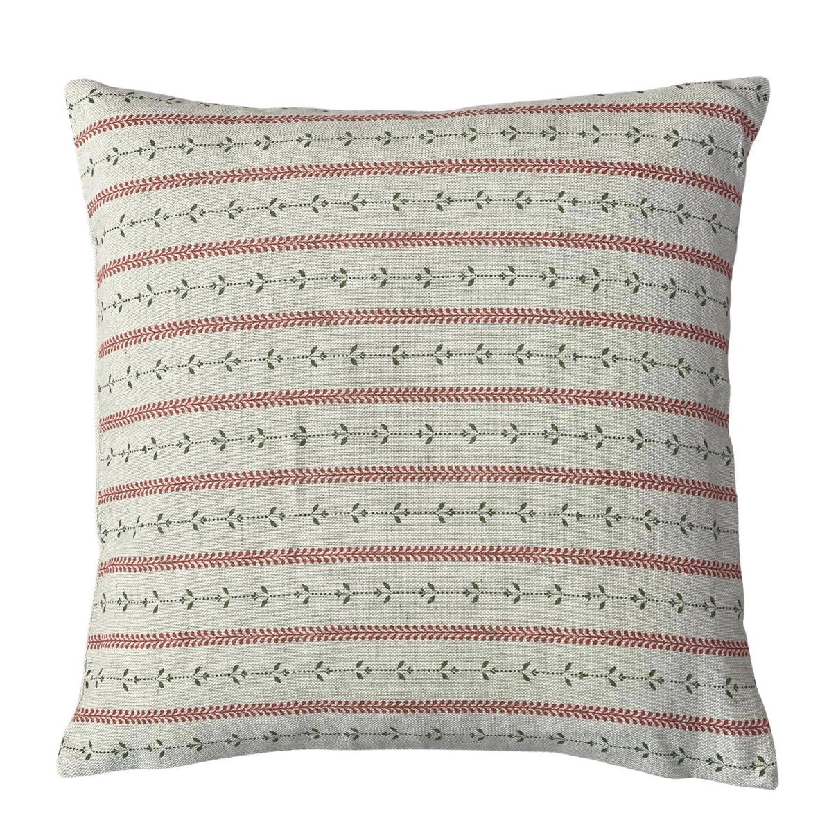 Close-up of red and sage botanical stripes on a handmade linen-look cushion cover
