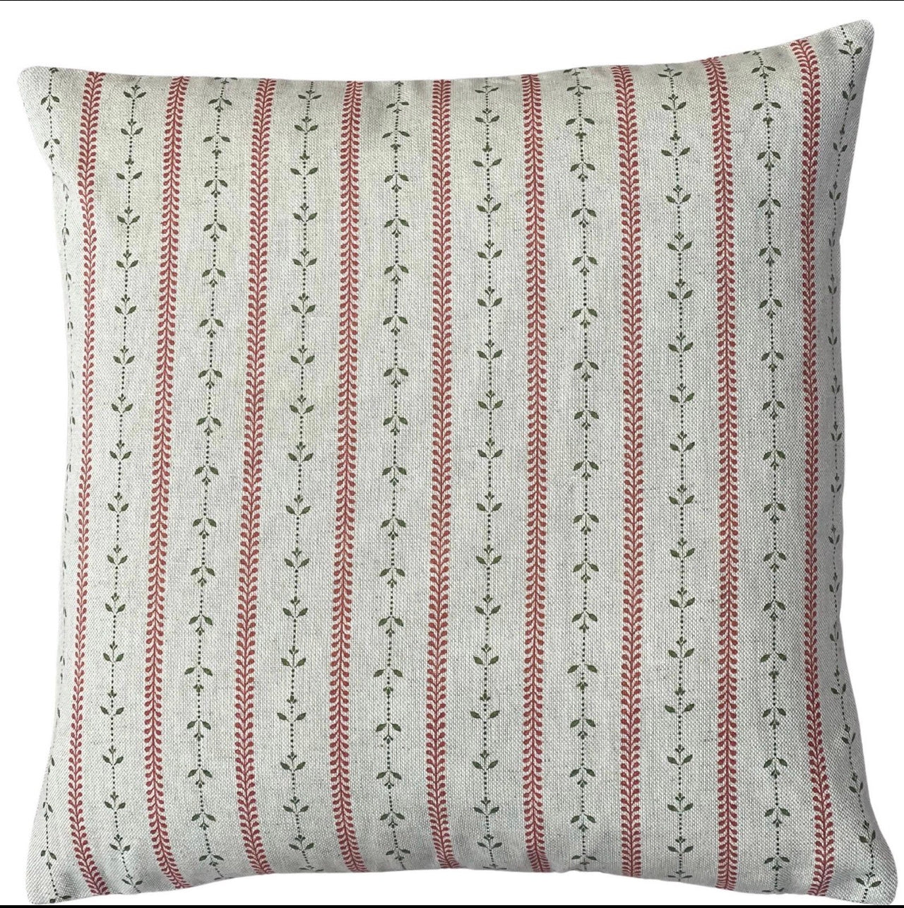 Handmade red and sage green stripe cushion cover with delicate leafy details