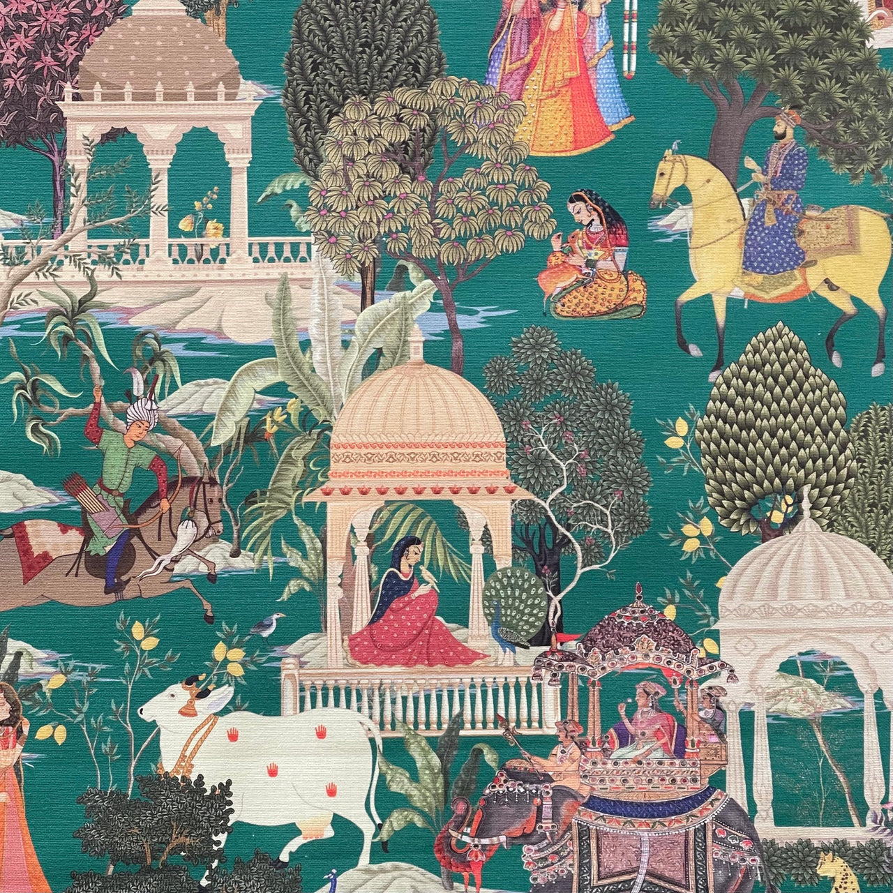 Cow, elephant, horse and Maharajah design on premium cotton with tropical detailing.