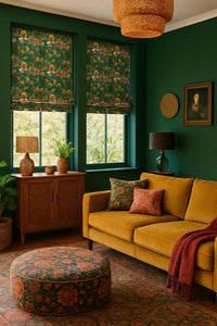 Thumbnail for Interior with Roman blinds made from Regalia Emerald Green cotton fabric featuring Mughal-inspired motifs. Luxurious deep green walls and mustard velvet sofa enhance the rich pattern with royal figures, animals, and domes. Handcrafted window treatments highlight the elegant print, perfect for made-to-measure curtains or blinds. An inviting blend of vintage Indian style and modern bohemian decor