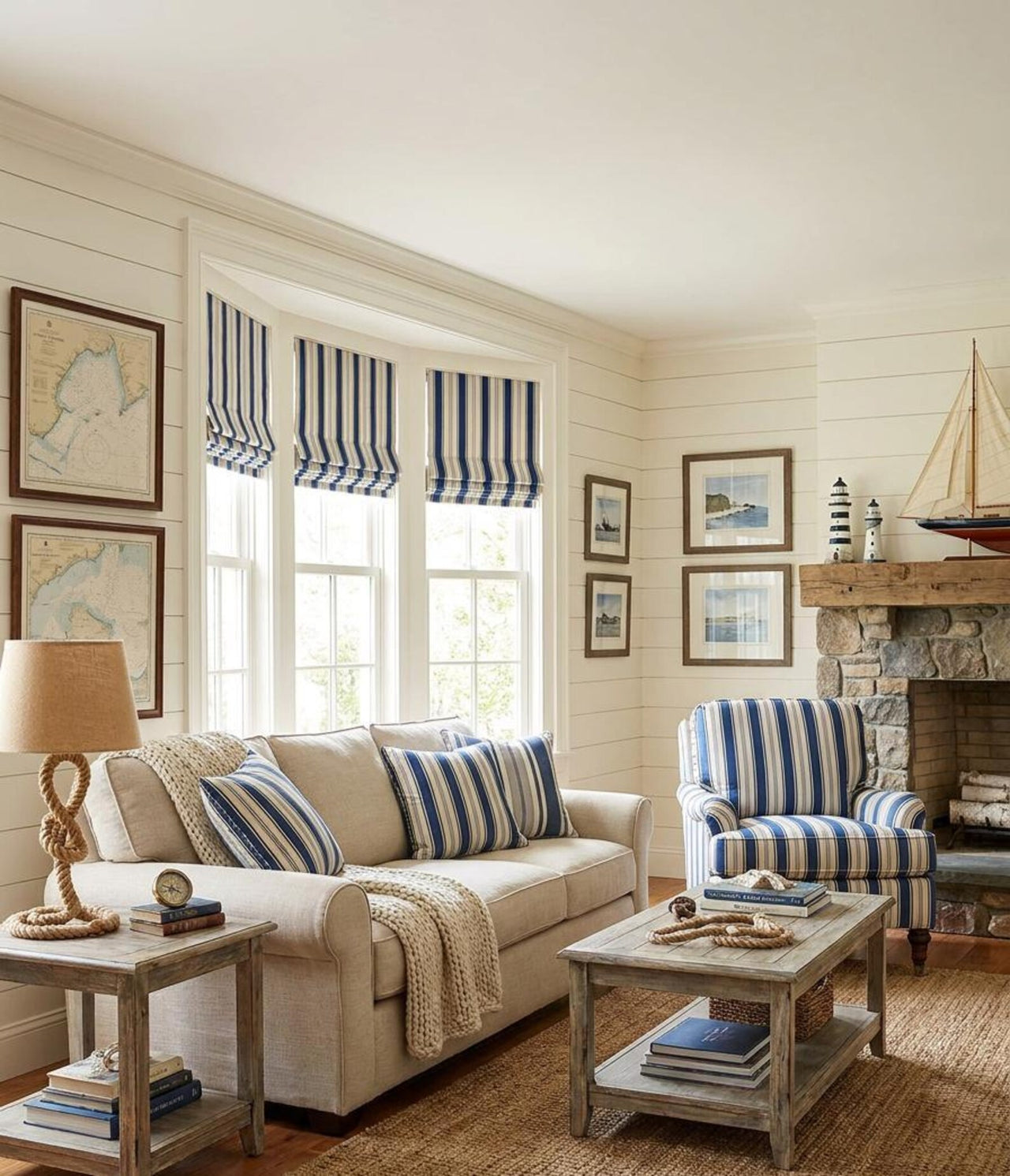 Riviera navy and beige striped fabric styled as Roman blinds, cushions and coastal soft furnishings