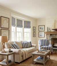 Thumbnail for Riviera navy and beige striped fabric styled as Roman blinds, cushions and coastal soft furnishings