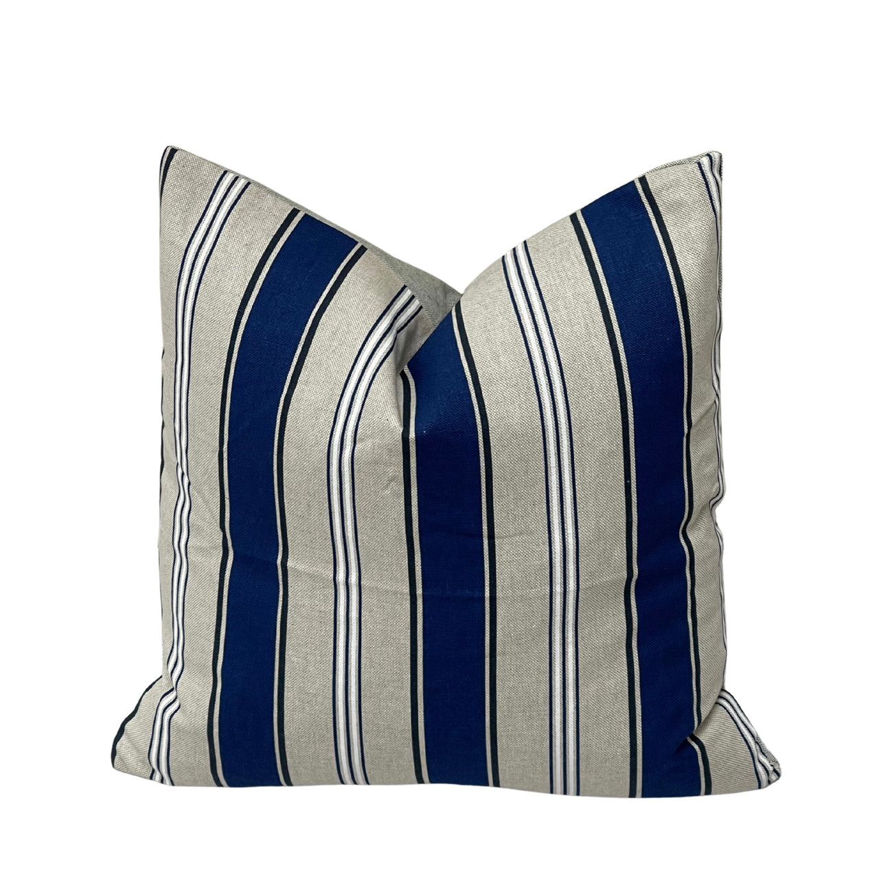 Riviera blue striped cushion cover featuring bold navy and beige vertical stripes with a textured linen-look finish on a white background.