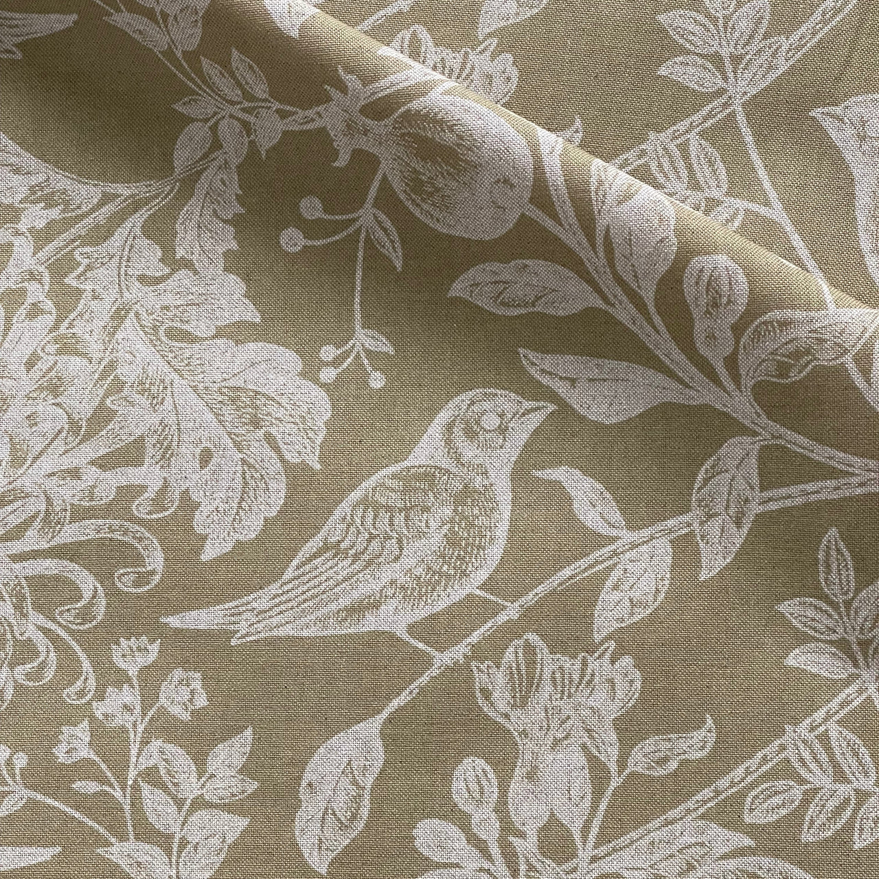Robin bird floral cotton fabric in soft gold botanical design
