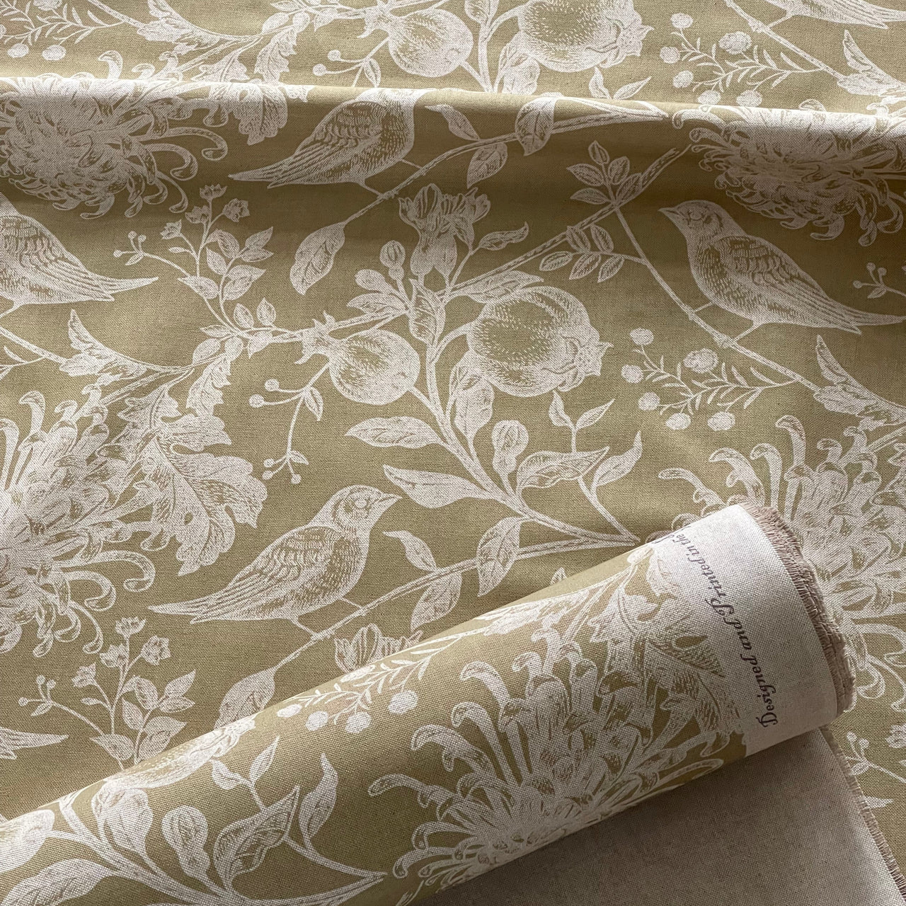 Soft gold bird floral fabric for country cottage interiors