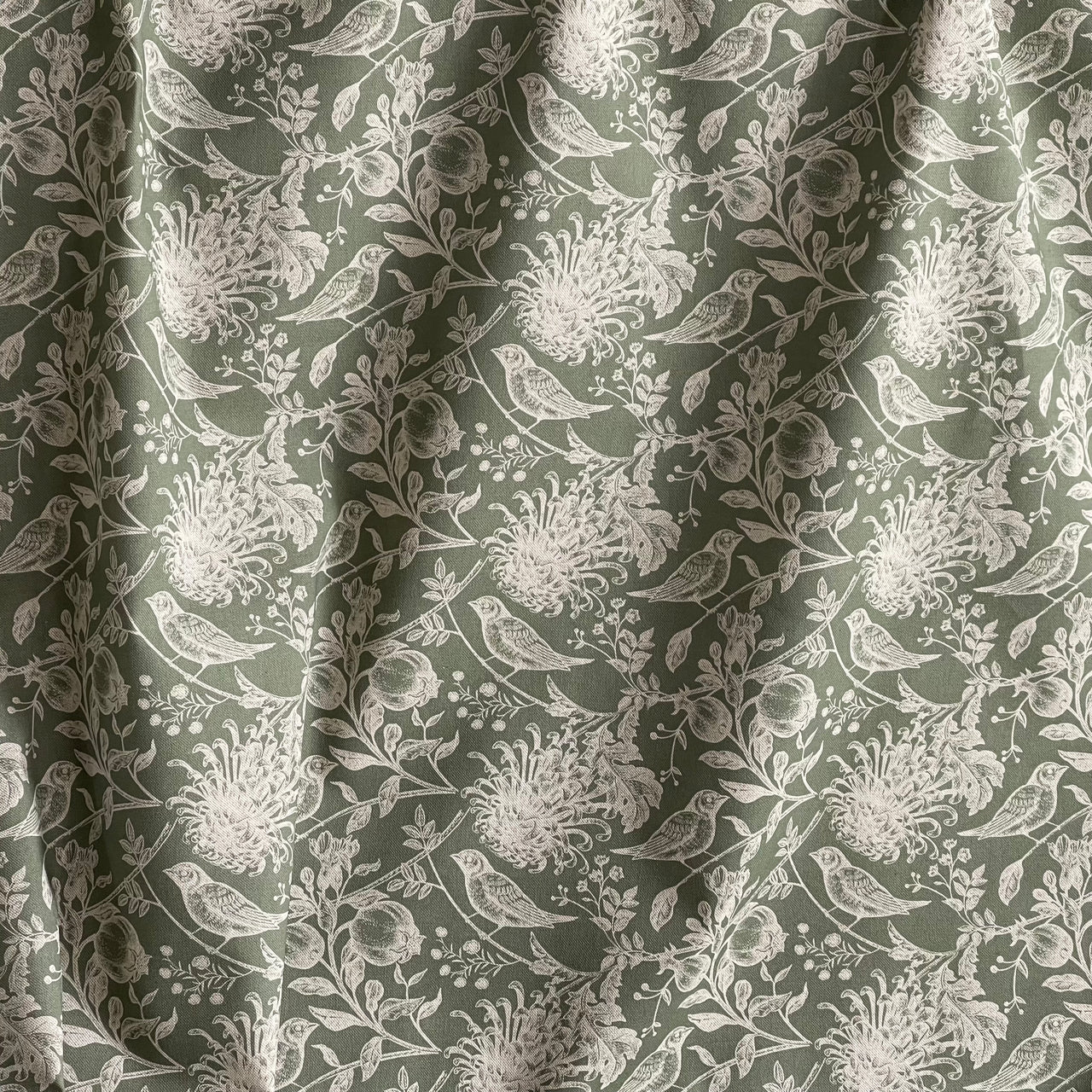 Floral bird cotton fabric olive green background