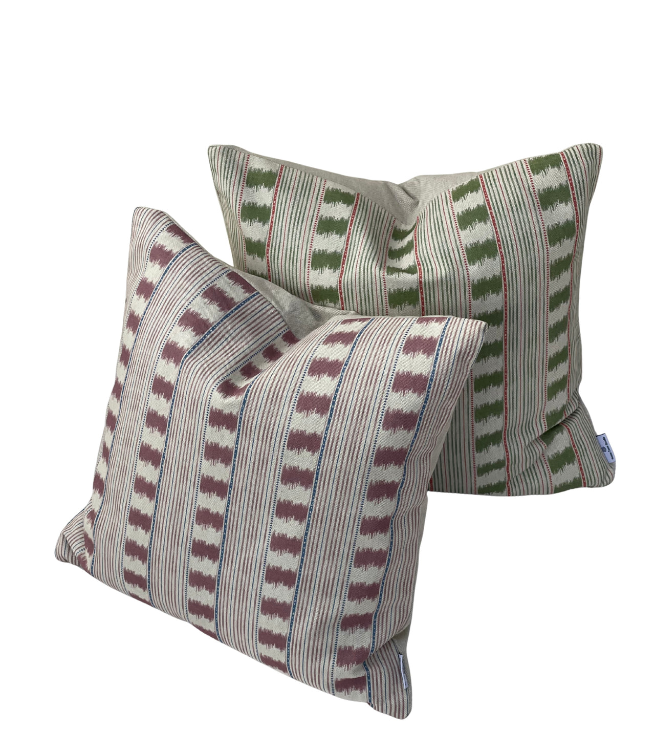 Rose and cream striped cushion cover with fine blue-grey accents and textured linen-look finish.
