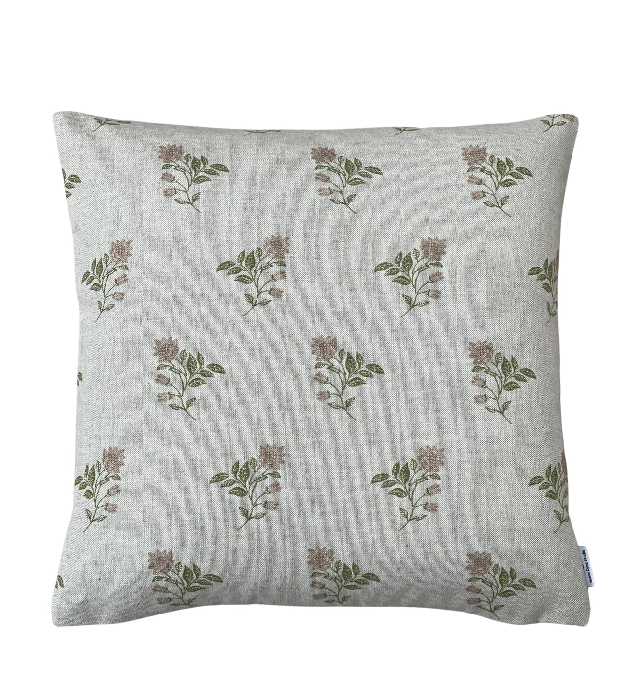 Rose Meadow botanical cushion cover featuring small pink floral sprigs and green foliage on a neutral linen-look background.