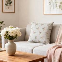 Thumbnail for Rose Meadow floral cushion covers styled on a beige sofa in a country cottage living room with botanical wall art