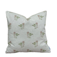 Thumbnail for Rose Meadow pink floral cushion cover with delicate sage green leaves and dusty pink flowers on natural linen-look fabric.