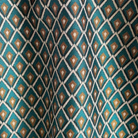 Thumbnail for Rosetta Lattice Weave drapery fabric in teal blue and gold geometric pattern, woven cotton blend curtain fabric with elegant lattice design.
