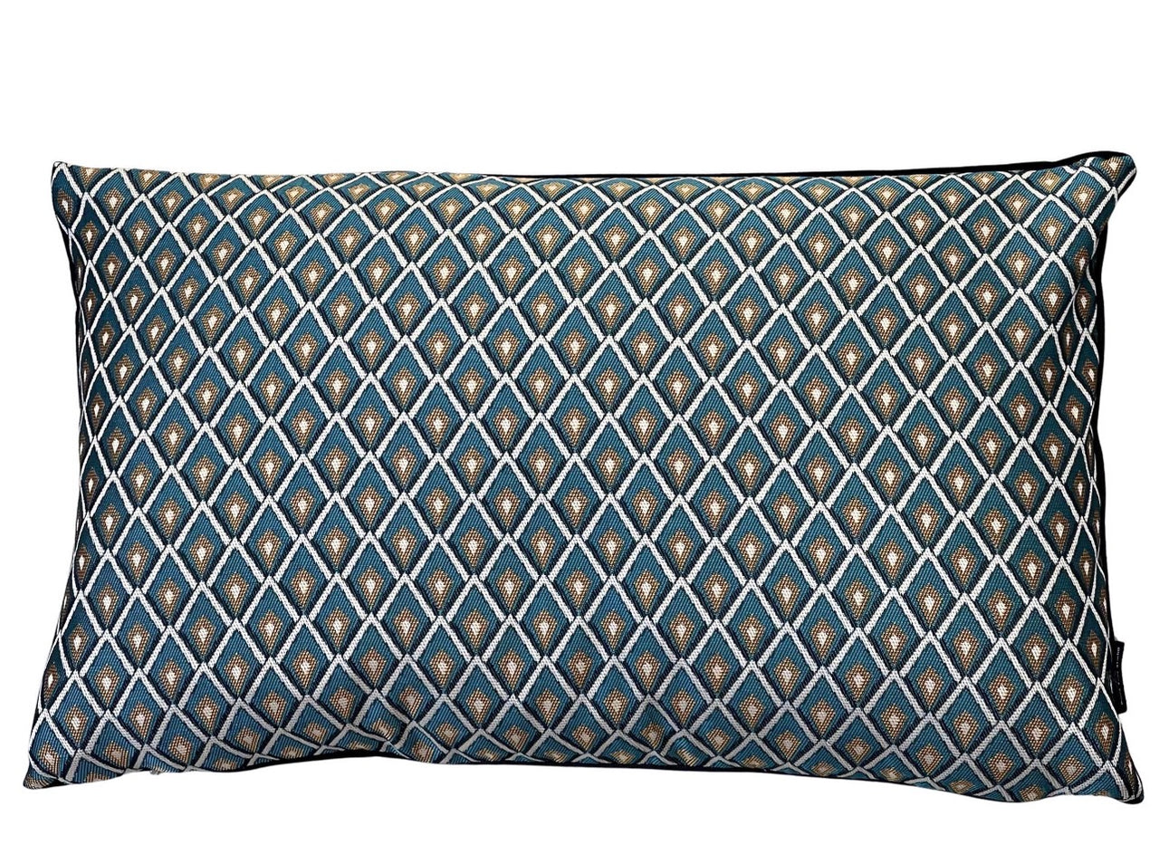 Rosetta teal lattice rectangular cushion cover with black velvet edging