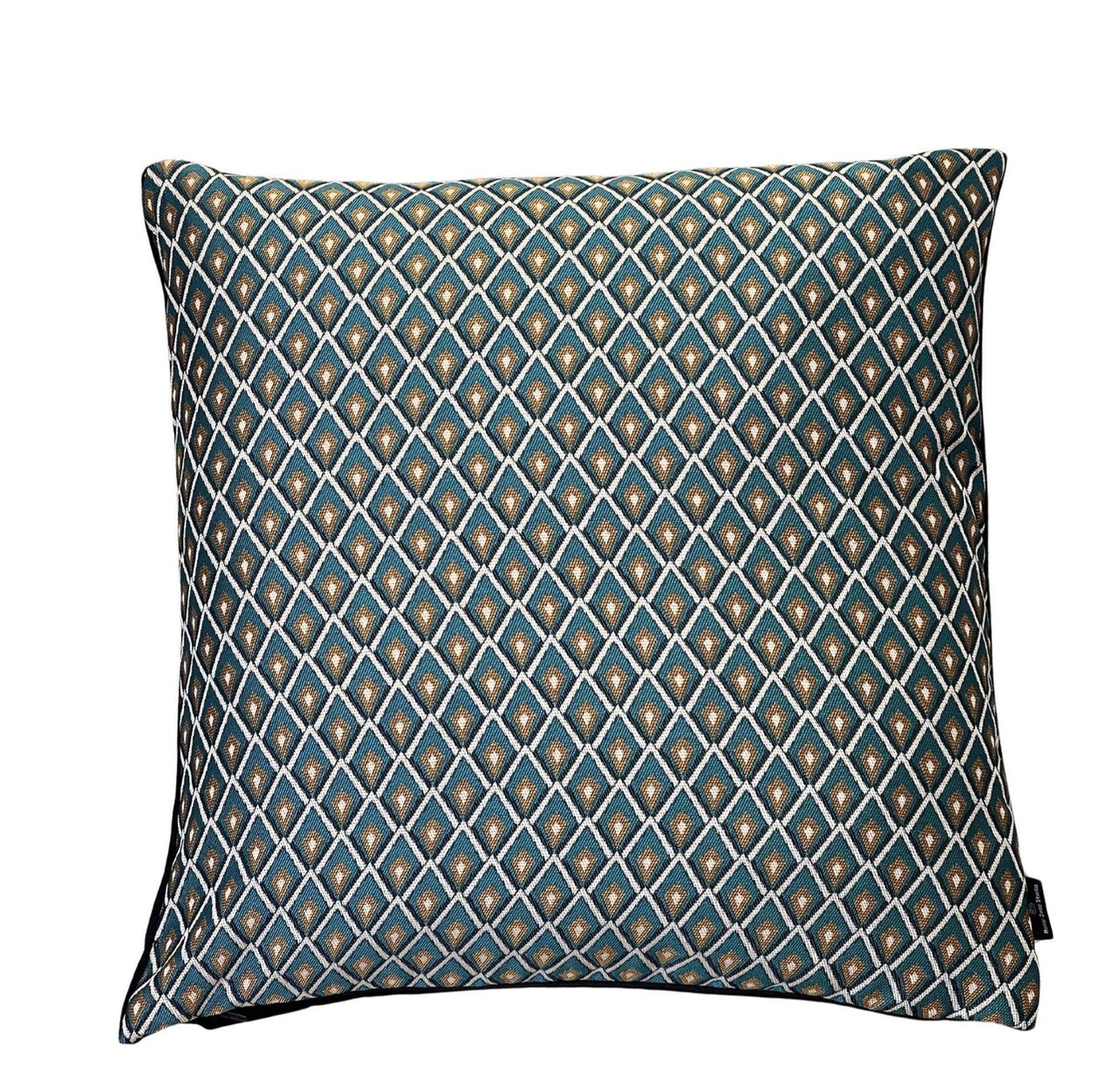 Rosetta teal geometric square cushion cover with gold detailing
