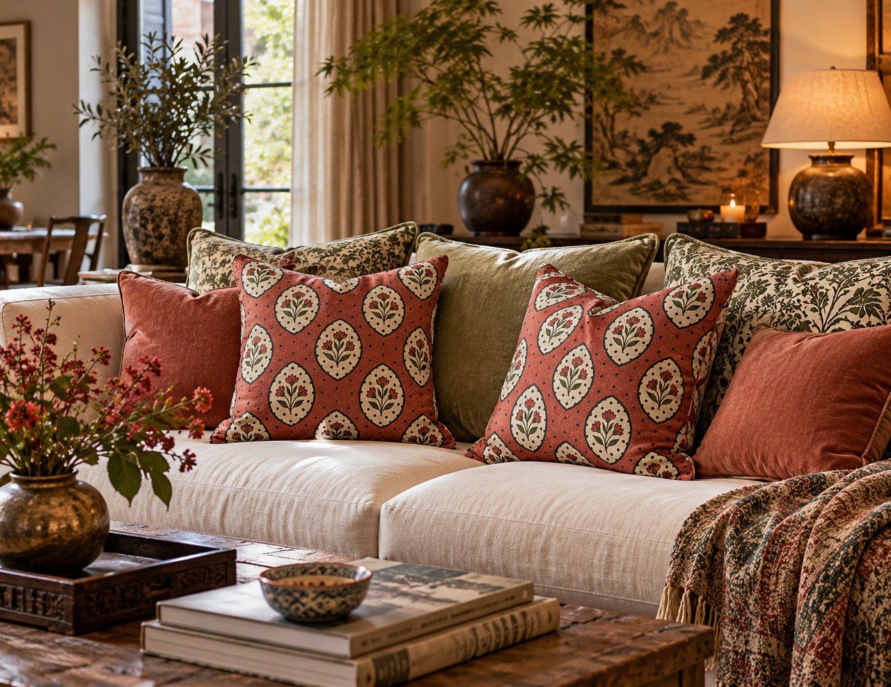Two Rosewood Floral Medallion cushion covers in terracotta pink with ivory botanical motifs, styled on a cream sofa alongside sage green and rust cushions in a cosy country cottage living room.