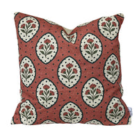 Thumbnail for Handmade Rosewood Floral Medallion cushion cover featuring ivory teardrop motifs, red flowers and olive green leaves on terracotta pink cotton linen-look fabric.
