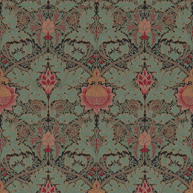 Royal Botanical Upholstery Fabric full repeat pattern – vintage-inspired pomegranate and floral tapestry design in green, red, and beige, perfect for upholstery, curtains, and soft furnishings.