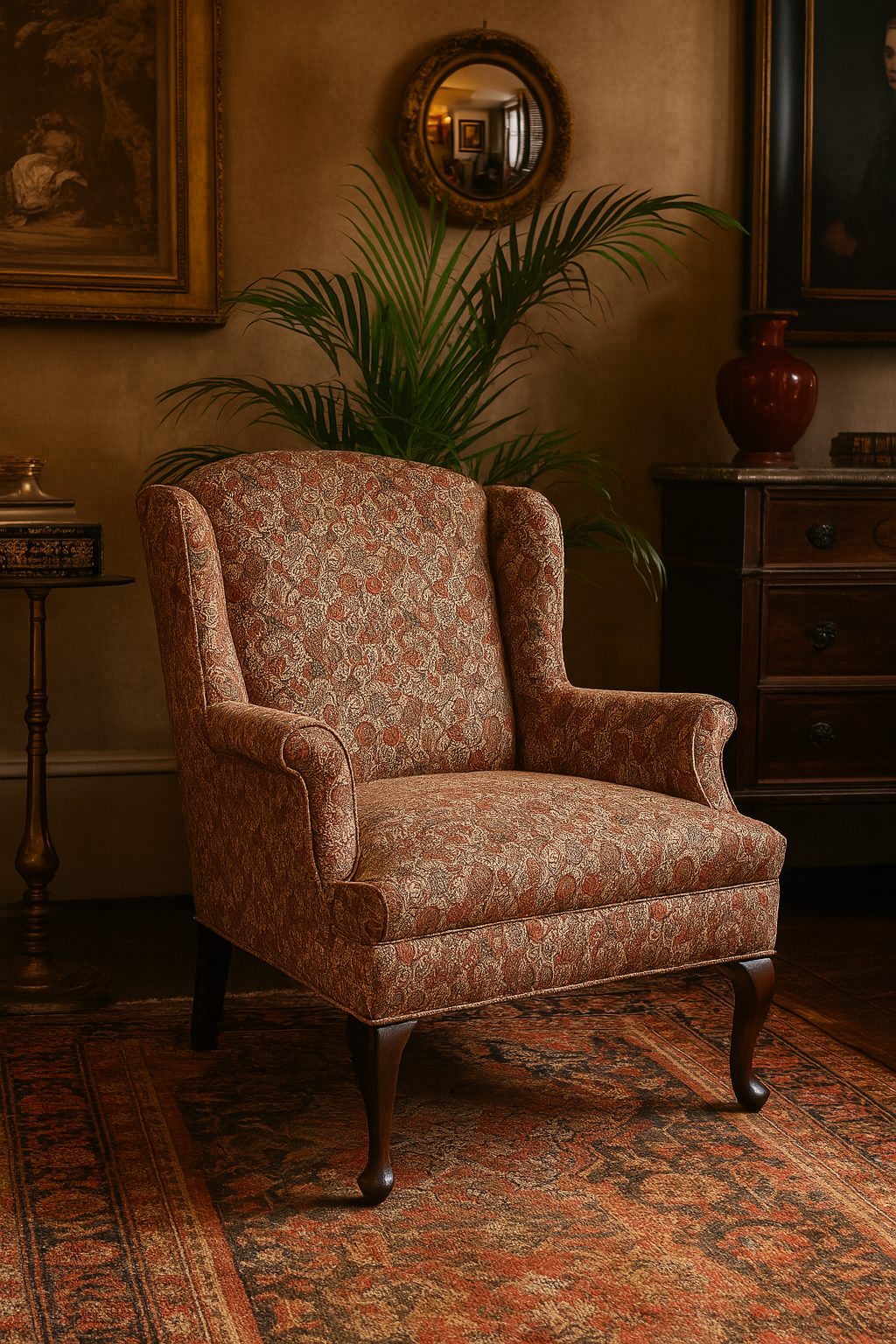 Armchair upholstered in Saffron Bloom fabric set in vintage-inspired interior