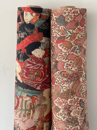 Thumbnail for Side-by-side fabric rolls showing Oriental and Saffron Bloom floral prints