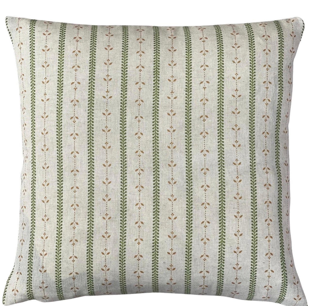 Sage green and oatmeal botanical stripe cushion cover handmade in the UK