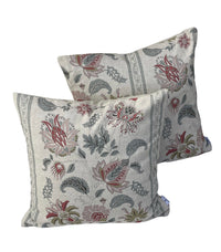 Thumbnail for Sage green and blush pink floral cushion cover with traditional botanical design.
