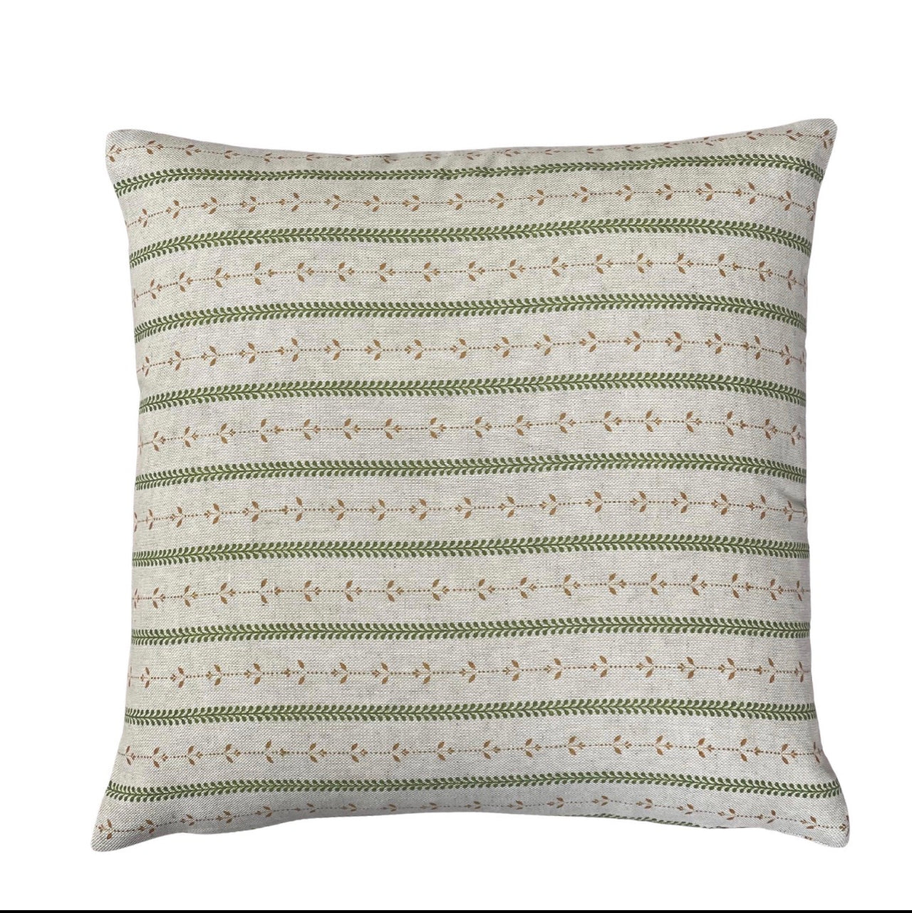 Sage green striped cushion cover with delicate botanical leaf pattern for country interiors