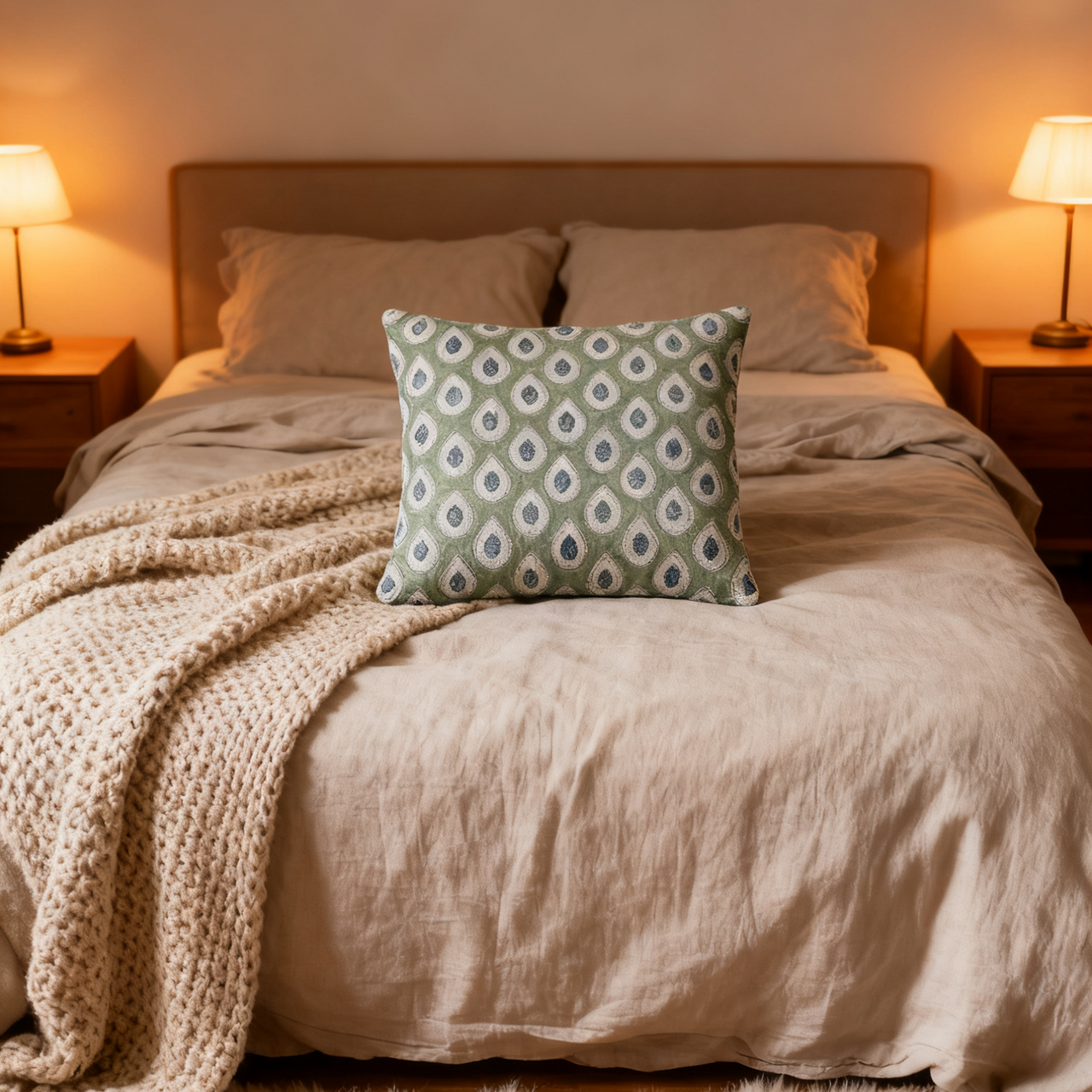 Decorative sage green cushion cover with repeating folk-inspired floral paisley pattern on natural textured fabric