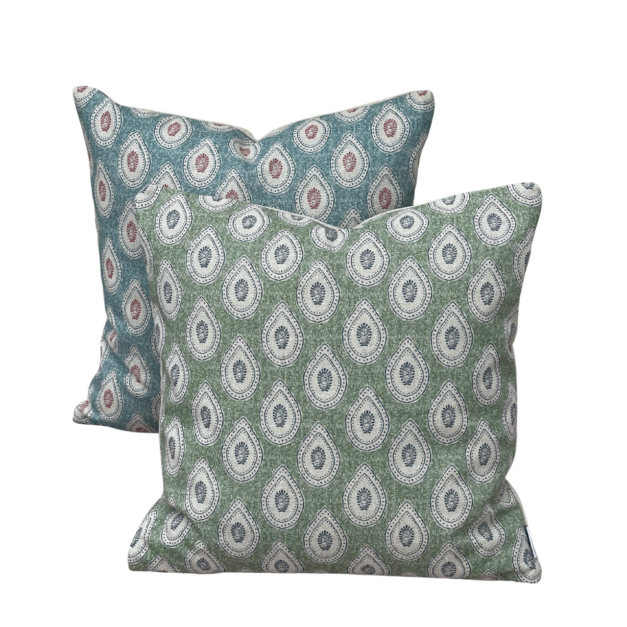 Sage green and ivory paisley cushion cover showing botanical teardrop motifs and linen-look texture
