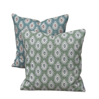 Thumbnail for Sage green and ivory paisley cushion cover showing botanical teardrop motifs and linen-look texture