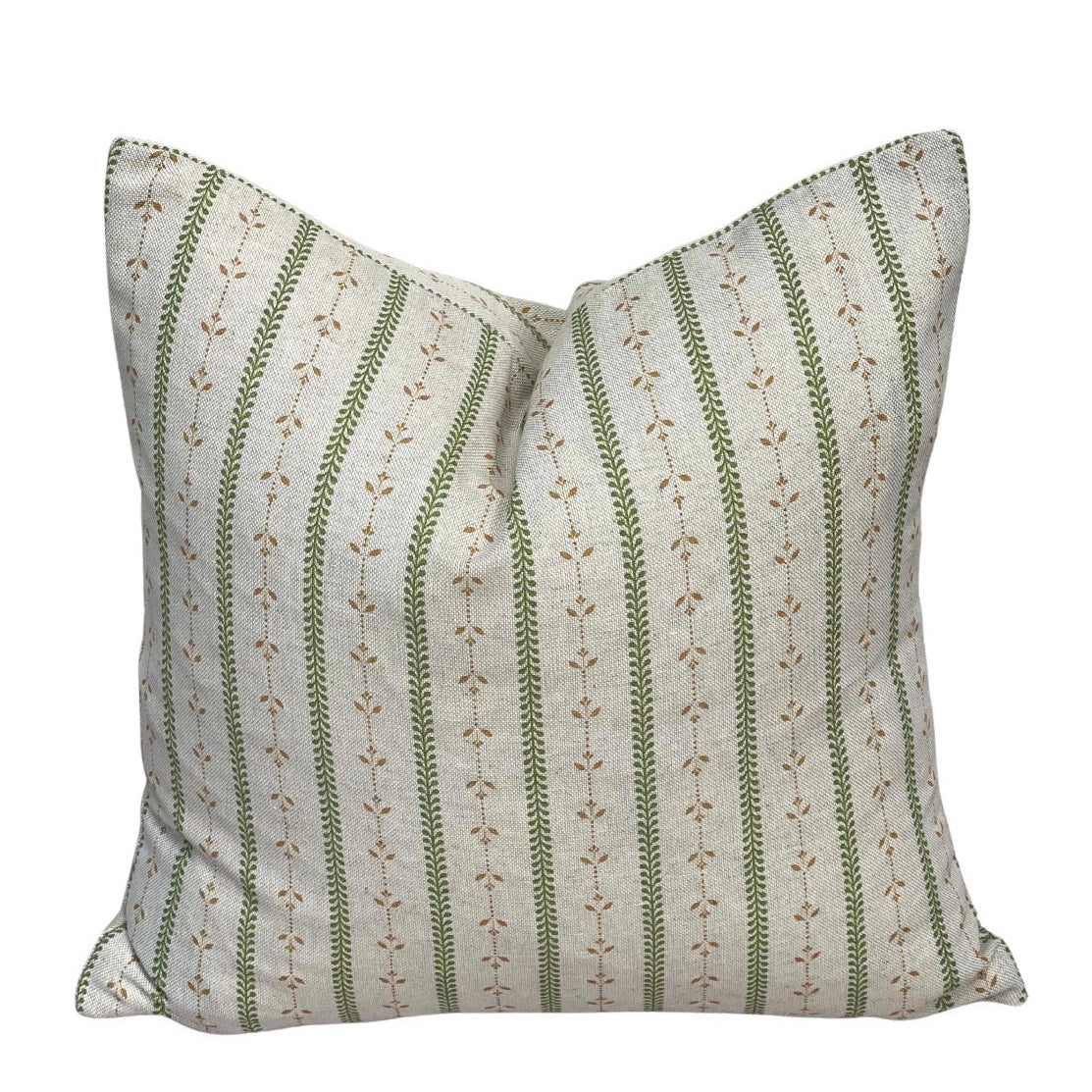 Sage green botanical stripe cushion cover on natural beige linen-look fabric