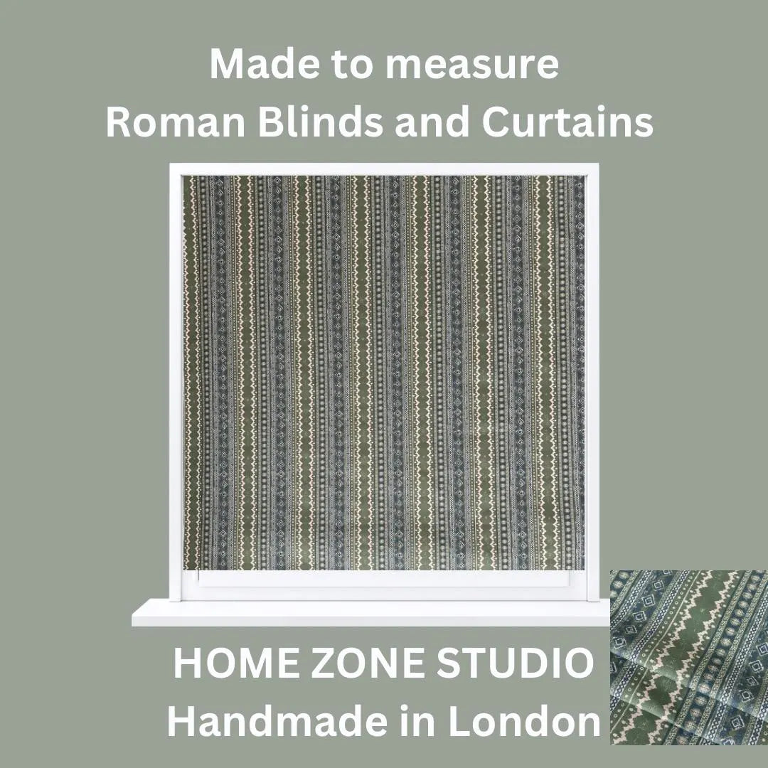 Sage Country Roman blind in folk-style green and cream cotton – bespoke window treatment handcrafted in London by Home Zone Studio
