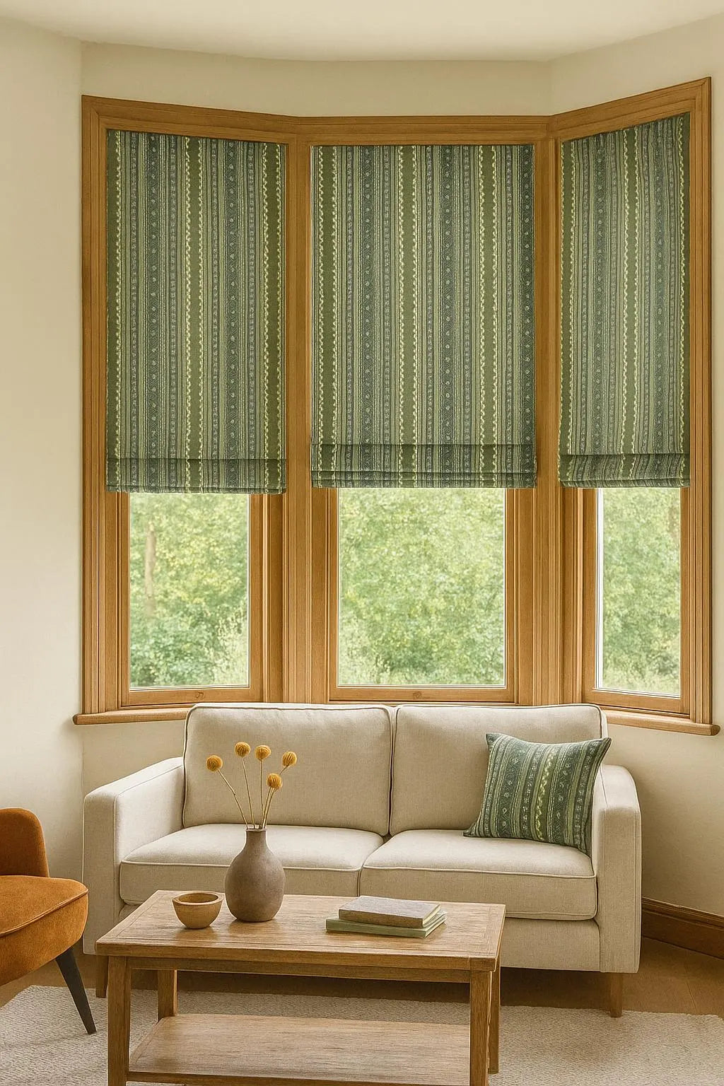 Tailored Roman blinds and matching cushion in patterned sage cotton – artisan-style window dressing for warm neutral living spaces.