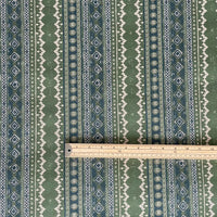 Thumbnail for Sage Country fabric with green and blue folk-inspired stripes and geometric detailing, shown with measuring scale – suitable for blinds, soft furnishings, and interior textiles