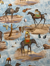 Thumbnail for Salvador Dalí-inspired surrealist blue cotton furnishing fabric featuring elephants, camels, horses, melting clocks and dreamlike landscapes, ideal for curtains and Roman blinds.