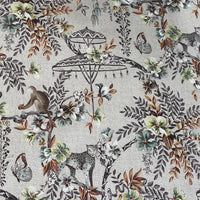 Thumbnail for Close-up of Savannah animal fabric with monkeys and tropical flowers, showcasing fine detail on a textured natural base — great for accent cushions and drapery.