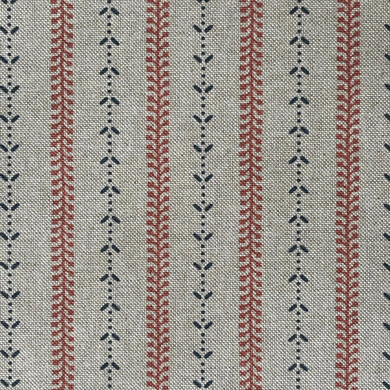 Rustic cotton linen fabric featuring indigo and red botanical stripes