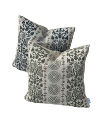 Thumbnail for Scandinavian style cushion cover with blue botanical motifs and natural linen-look texture.