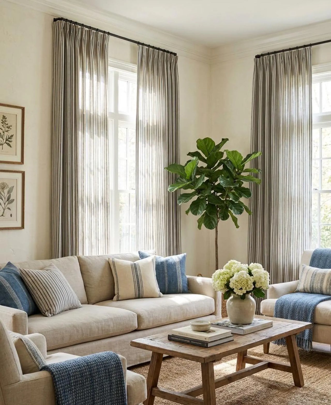 Seabreeze blue and beige striped curtains in a bright coastal-style living room