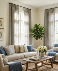 Thumbnail for Seabreeze blue and beige striped curtains in a bright coastal-style living room