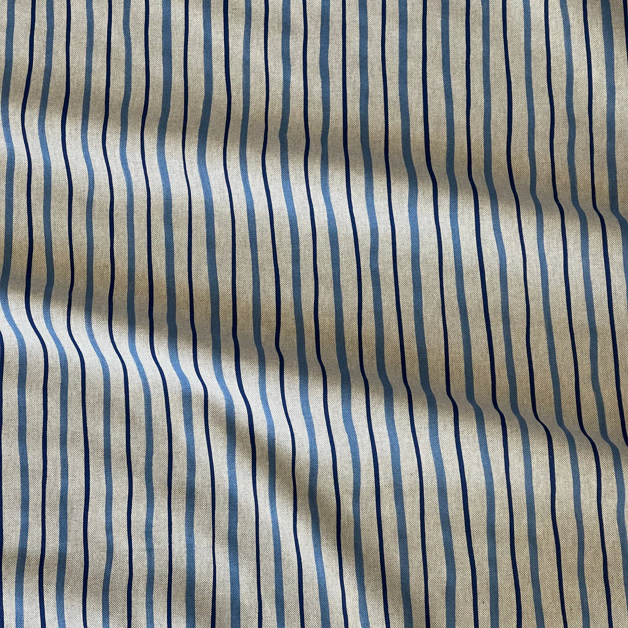 Blue and beige linen-look striped fabric for curtains, blinds and cushions