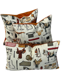 Thumbnail for Set of three pillows with equestrian-themed patterns on a white background