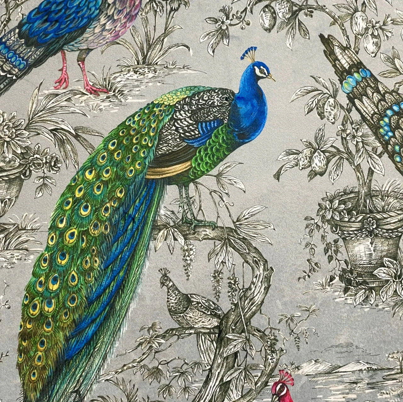 Luxury silver Italian velvet fabric featuring peacock and pheasant botanical design, ideal for upholstery and curtains.