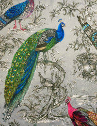 Thumbnail for Close-up of luxury silver velvet fabric with detailed peacock feathers and botanical garden illustration.