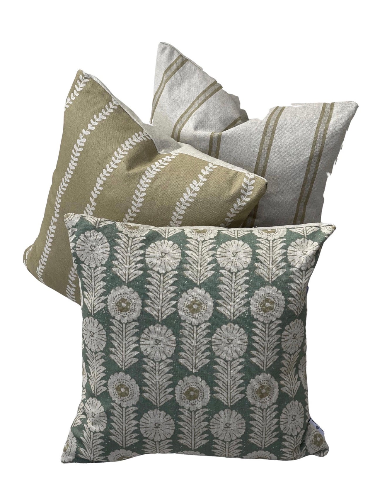 Coordinating soft gold leaf stripe, Jacobean floral and natural ticking stripe cushion covers
