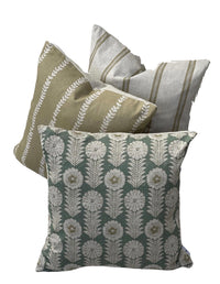 Thumbnail for Coordinating soft gold leaf stripe, Jacobean floral and natural ticking stripe cushion covers