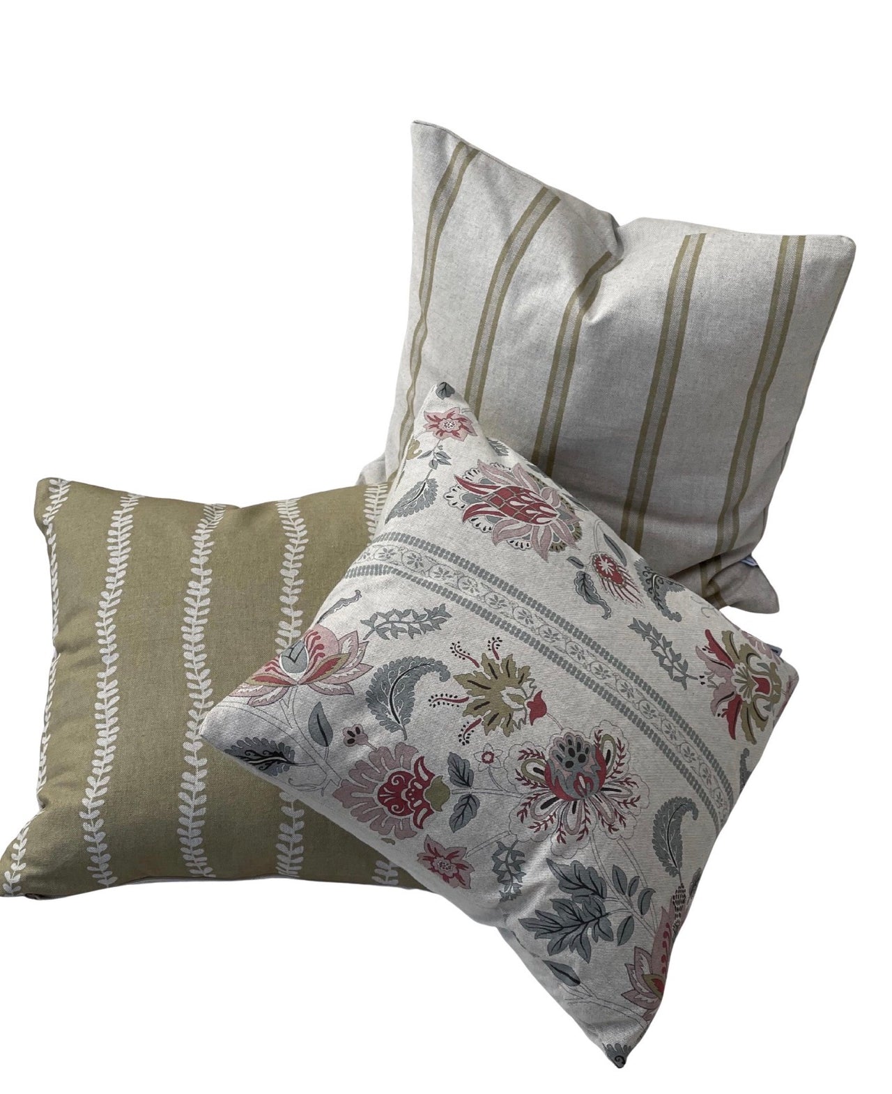 Coordinating soft gold leaf stripe, Jacobean floral and natural ticking stripe cushion covers