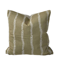 Thumbnail for Close-up of soft gold linen-look cushion cover featuring vertical cream botanical leaf stripes