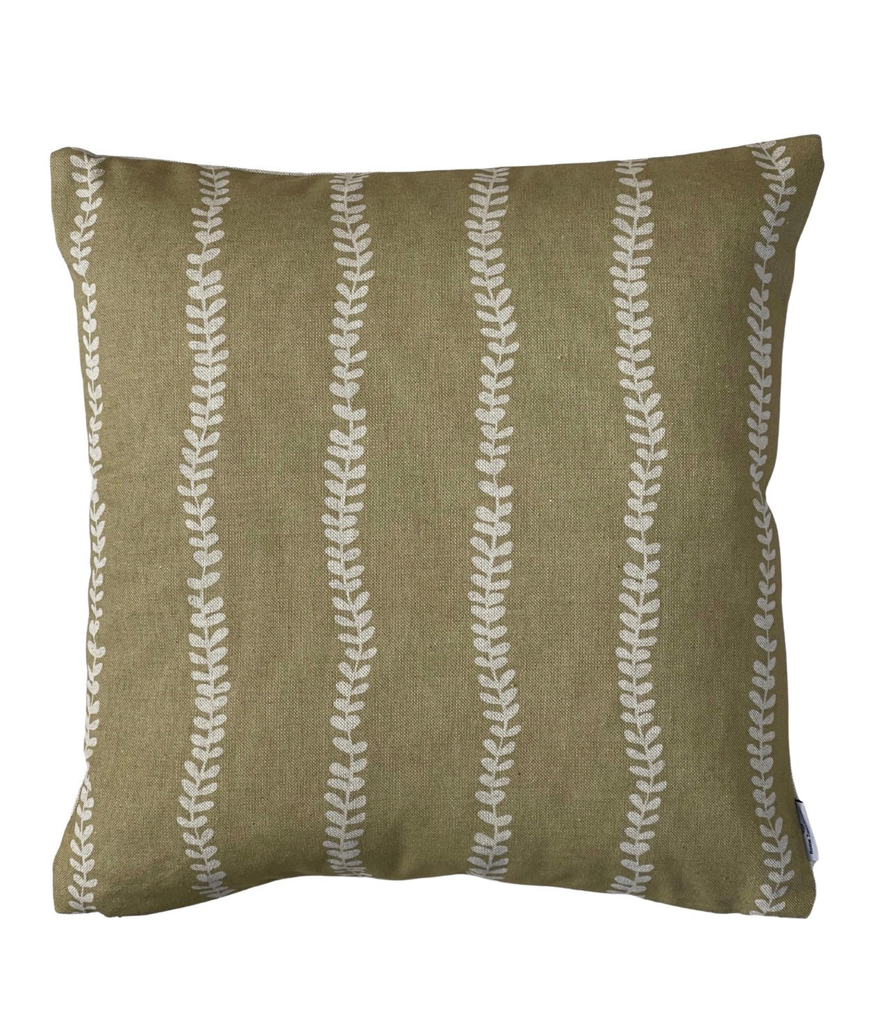 Soft gold cushion cover with vertical cream leaf stripes on a textured linen-look background